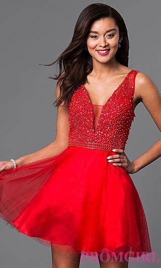 Short Red V Neck Dress With Beaded Bodice At Red Semi Formal Dress Formal