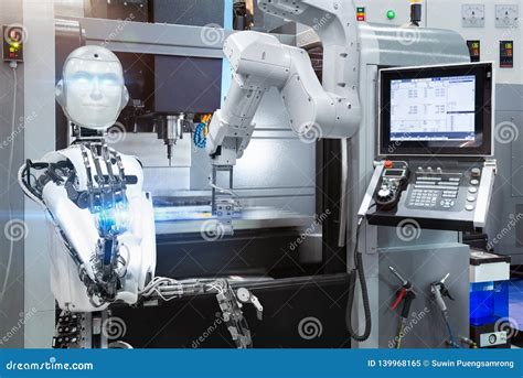 Humanoid Robot Control Automatic Robotic Industrial With Cnc Machine In
