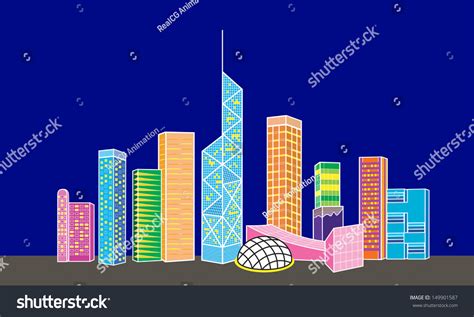 Cartoon Hong Kong Night View Skyline เวกเตอร์สต็อก ปลอดค่าลิขสิทธิ์
