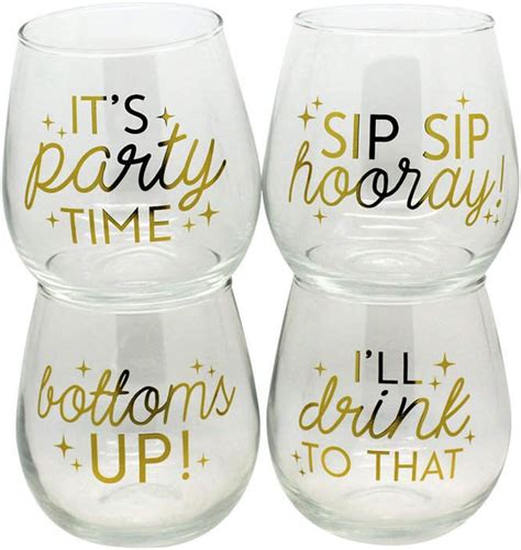 Tmd Holdings Closeout Front Hit Gold Foil 4 Different Sayings 4 Pc Stemless Wine Glasses