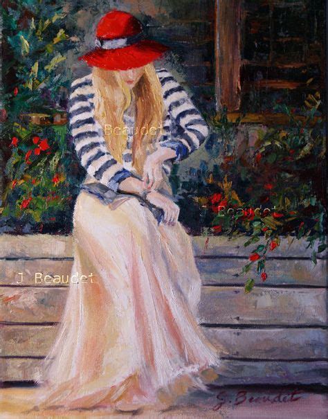 Original Oil Painting Woman Figure Red Hat French Girl Sitting Vintage