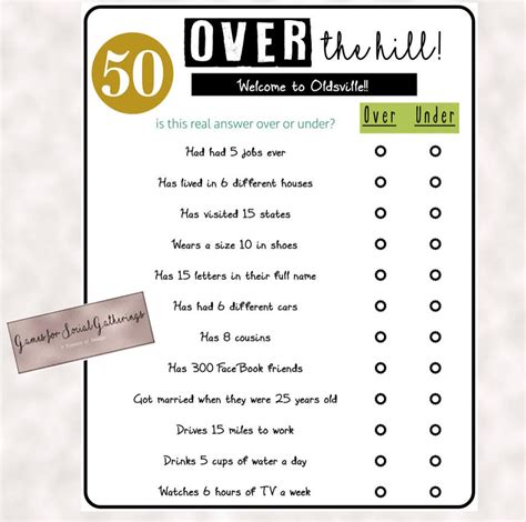 Birthday Party Game Over The Hill Over Or Under Trivia Etsy 50th