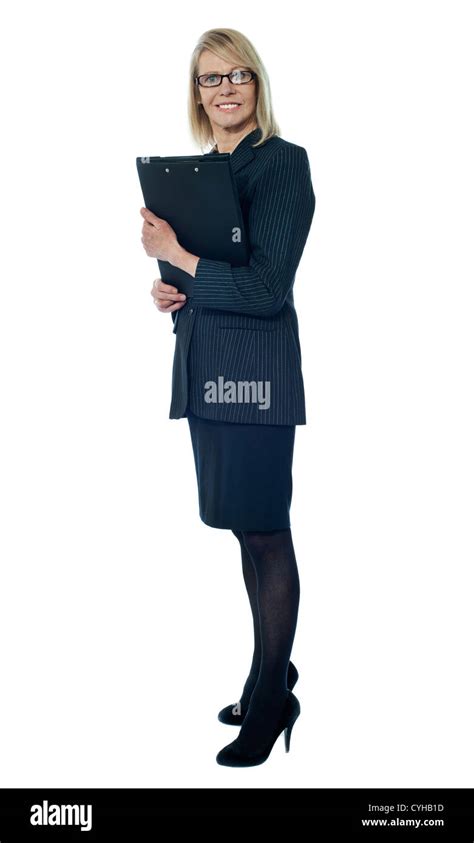 Corporate Woman Holding Business Documents Full Length Portrait Stock