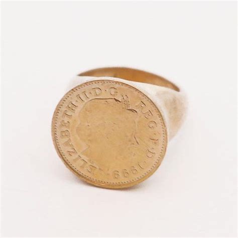 Gold Plated Queen Elizabeth Coin Signet Ring 14k Gold Plated Coin