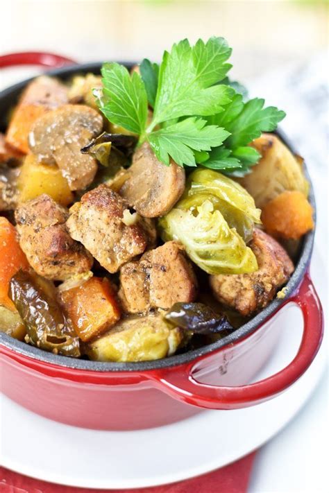 Layer noodles, pork, onion and bell pepper in a casserole. Sweet Potato, Brussel Sprouts and Pork Loin Casserole | Recipe (With images) | Pork, Pork loin ...
