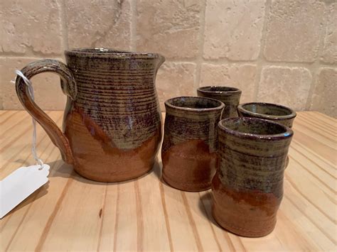 Hand Thrown Pottery Serving Pitcher With Four 2 Oz Shots Etsy