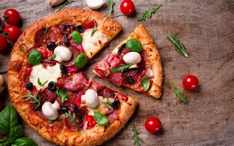 Food Pizza Tomatoes Leaves Top View Basil Rosemary Mushroom