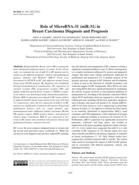 PDF Role Of MicroRNA 31 MiR 31 In Breast Carcinoma Diagnosis And