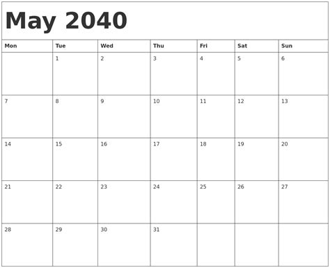 May 2040 Calendar Template