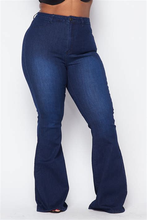 Plus Size High Waisted Stretchy Bell Bottom Jeans Dark Denim