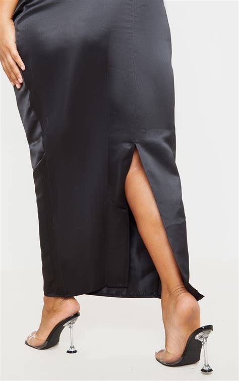 Plus Black Structured Satin Midaxi Skirt Prettylittlething Usa