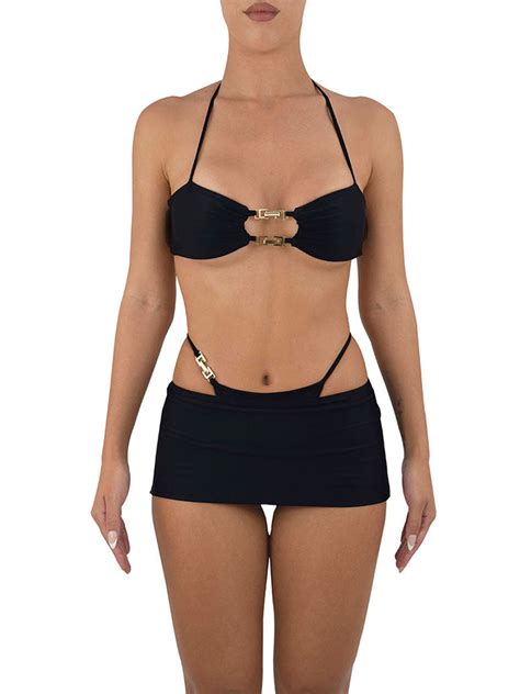 Eyicmarn Women 3 Piece Black Bikini Set Halter Neck Bathing Suit With Short Bodycon Skirt