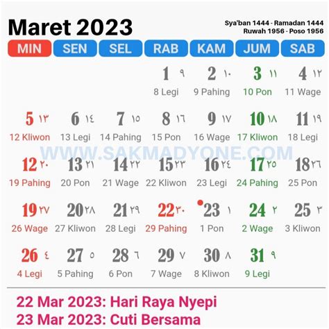 Kalender Jawa Maret 2023 Lengkap Dengan Weton