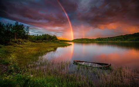 Sunset Rainbow After Rain Lake Boat Forest Trees Sky With Red Clouds Landscape Hd Wallpaper