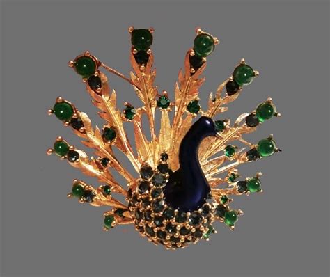 Marcel Boucher Peacock Brooch Gold Tone Alloy Enamel Rhinestones Glass Cabochons Cm