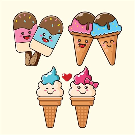 Conjunto de diseño de helado de dibujos animados lindo Vector Premium