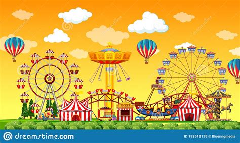 Amusement Park Scene At Daytime With Balloons In The Sky Stock Vector