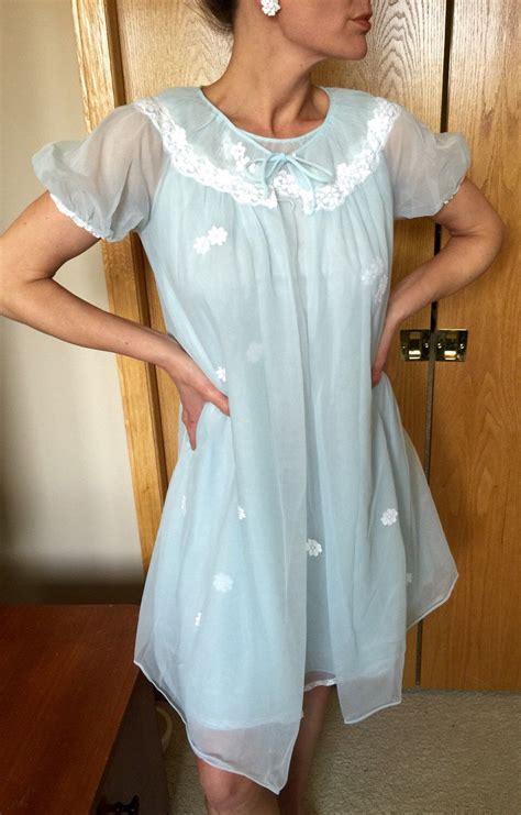 Vintage 1960s Baby Doll Nightgown And Robe By Warmer With Semi Sheer