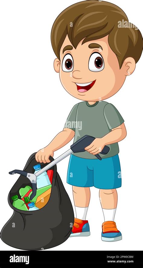 Cartoon Boy Collecting Plastic Garbage With Litter Stick Stock Vector