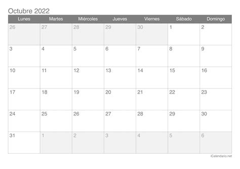 Calendario Octubre 2022 Para Imprimir