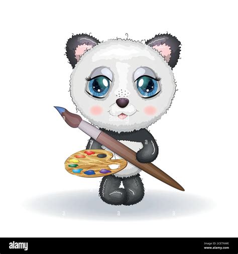 Funny Cartoon Little Panda Holding Paint Brush And Paint Roller