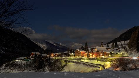 Switzerland Houses Winter Mountains Snow Night Street Lights