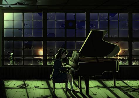 Wallpaper Anime Girl Playing Piano Night Broken Glass