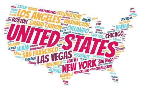 United States Top Travel Destinations Word Cloud Stock Illustration