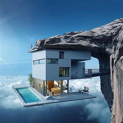 The House Is Floating In The Sky Above The Clouds And Water With An Open Door Leading To