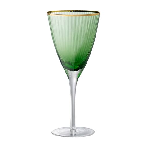 Set Of 2 Green Wine Glass Gold Rim D4x9