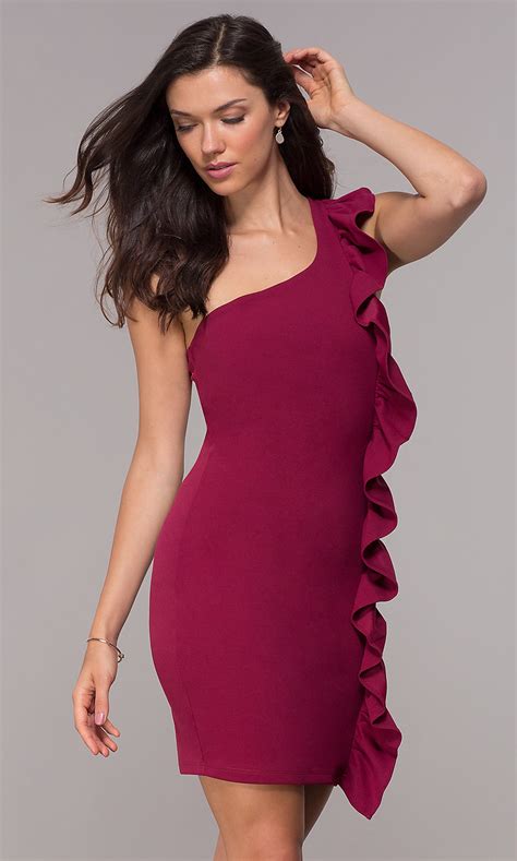 Red Plum Ruffled One Shoulder Short Party Dress