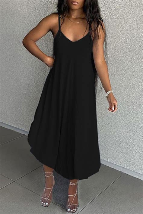 Black Casual Solid Backless Spaghetti Strap Asymmetrical Dresses DRESSES KnowFashionStyle