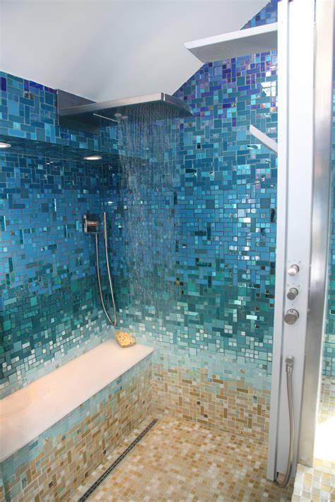 Bathroom Idea Ocean Ombre Accent Walls This Blue Green Shower Shimmer Tile Is The Perfect Dose