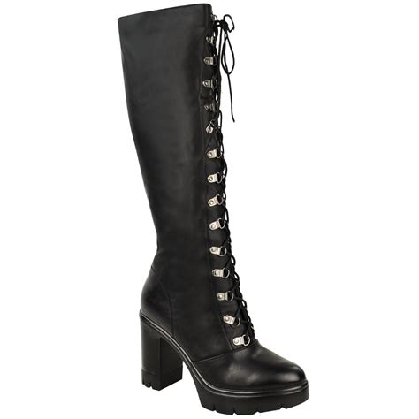 womens ladies chunky block heel sole lace up goth punk knee high biker boots ebay