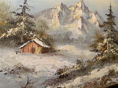 Snow Painting Vintage Painting Snowy Mountain Cabin Image 3 Painting