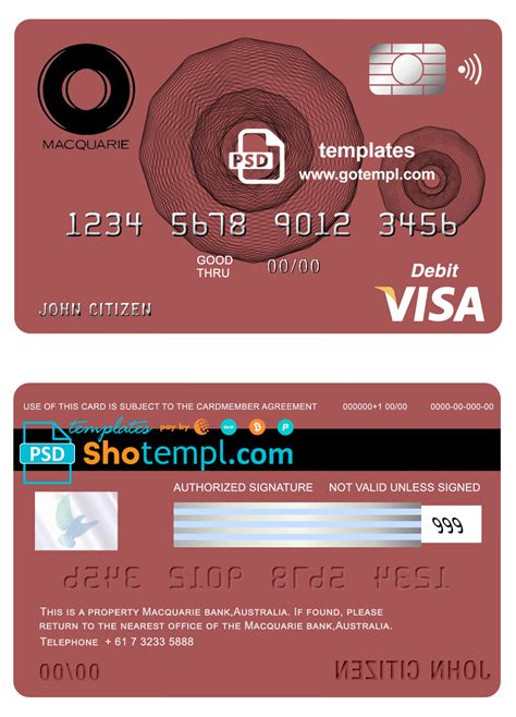Australia Macquarie Bank Visa Card Debit Card Template In Psd Format