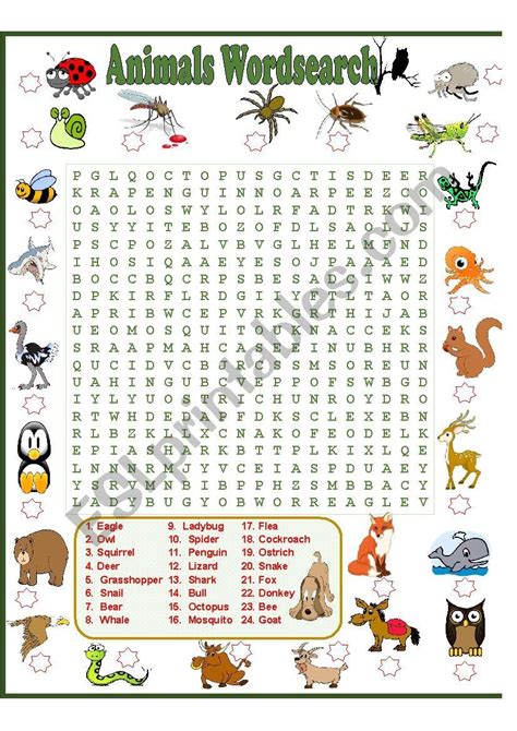 Animals Wordsearch Esl Worksheet By Sumerce Animal Word Search