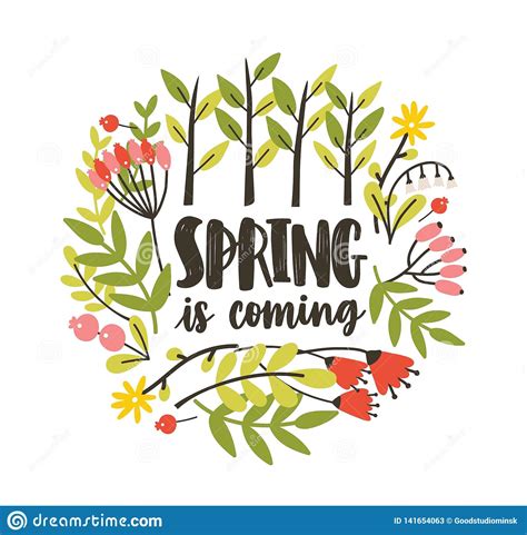 Round Seasonal Decorative Composition With Spring Is Coming Slogan