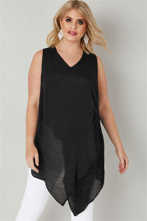 Black Sleeveless Layered Top With Asymmetric Front Plus Size 16 To 36