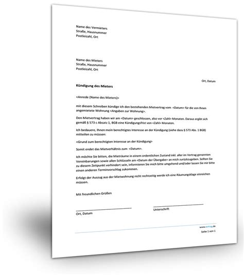 Die musterverträge lassen sich nach dem einmaligen download als pdf beliebig oft verwenden. Kündigung Mietwohnung Vermieter->Mieter - Muster download