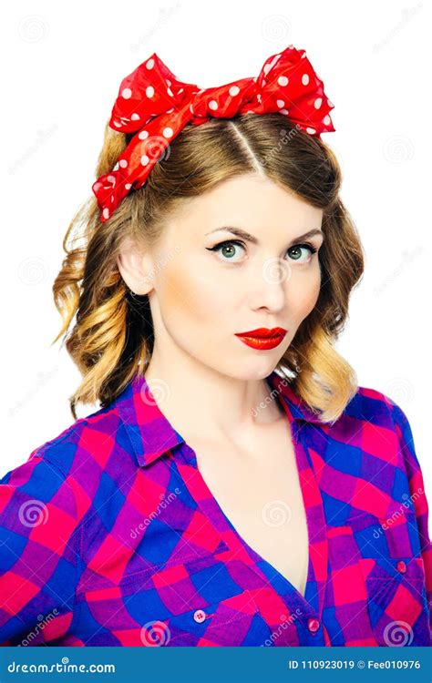 Portrait Of Beautiful Pinup Woman With Vintage Makeup Isolated On