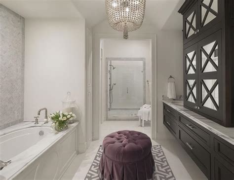 A moody rustic bathroom done in deep. Black and White Bathroom with Purple Accents - Contemporary - Bathroom