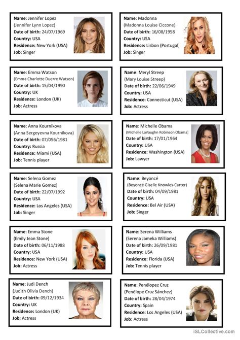 Celebrities Cards Women English Esl Worksheets Pdf And Doc