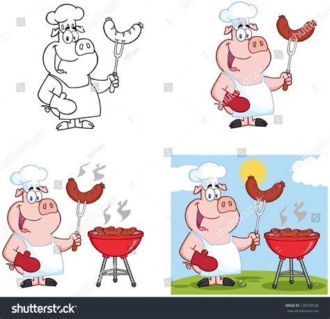 Pigs Grilling Sausage On Barbecue Vector Collection 130539548