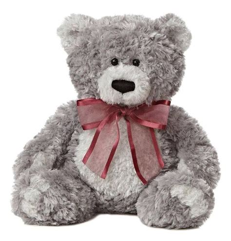 A Gray Teddy Bear With A Red Ribbon Around Its Neck And Eyes Sitting
