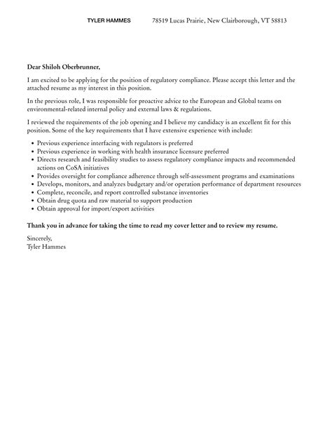 Regulatory Compliance Cover Letter Velvet Jobs