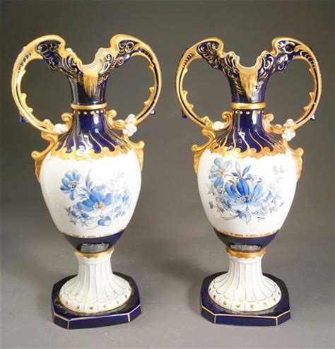 Lot Pair Of Monumental Royal Dux Gilt And Cobalt Decorated Two Handle Vases Height In