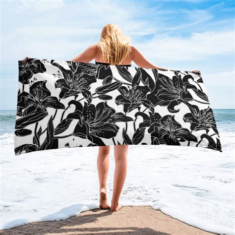 Beach Towel Bath Towel Black And White Flower Pattern Etsy