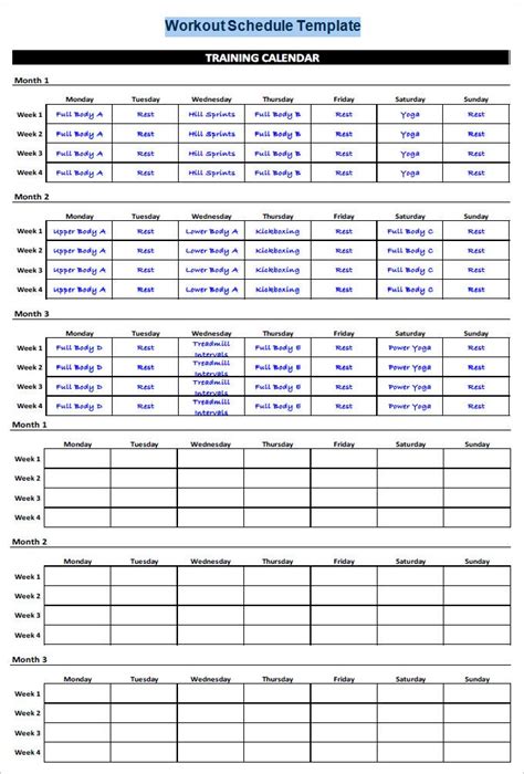 workout schedule template   word excel  format