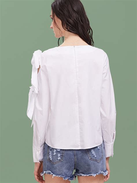 white bow embellished sleeve buttoned cuff top shein sheinside